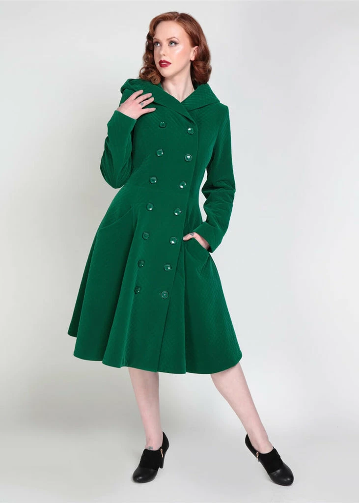 Collectif Heather Quilted Velvet 40's Swing Coat Green 5 Collectif Heather Quilted Velvet 40's Swing Coat Green - Image 5