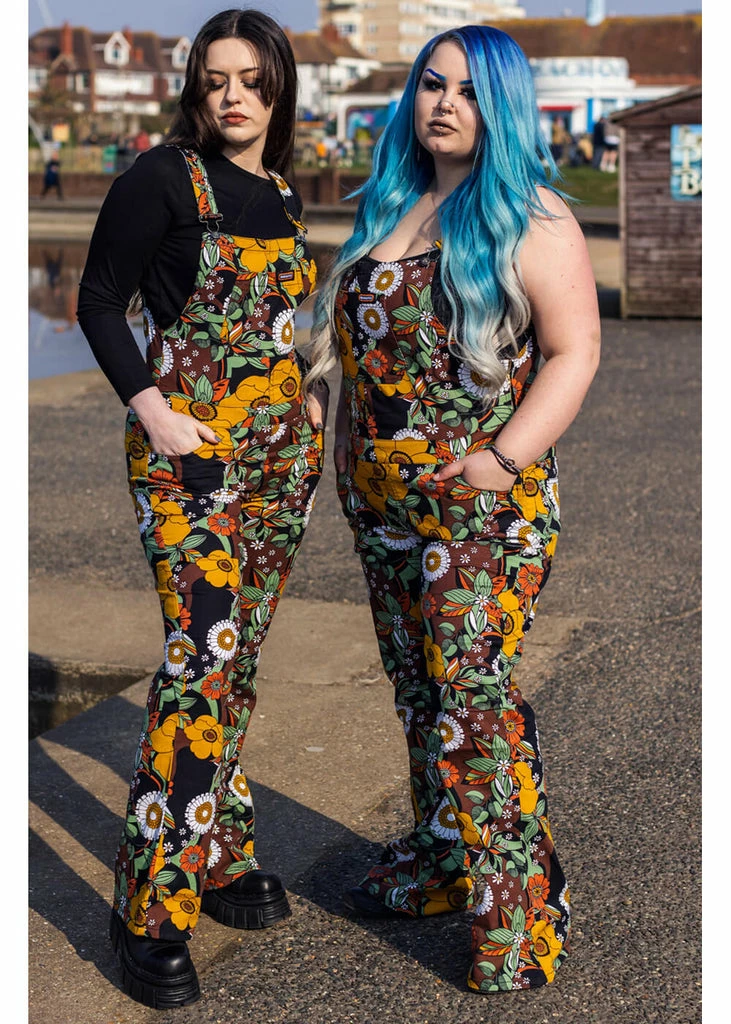 Run & Fly 70's Floral Flares Dungarees Brown 1 Run & Fly 70's Floral Flares Dungarees Brown