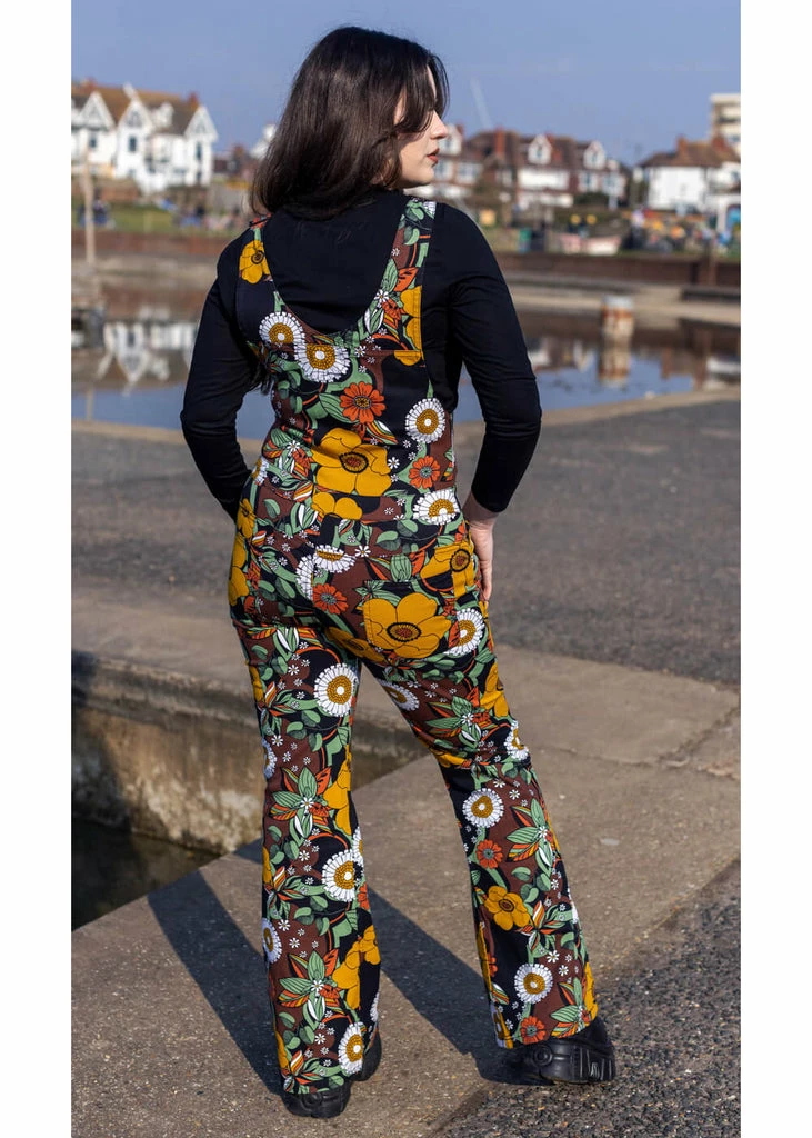 Run & Fly 70's Floral Flares Dungarees Brown 4 Run & Fly 70's Floral Flares Dungarees Brown - Image 4
