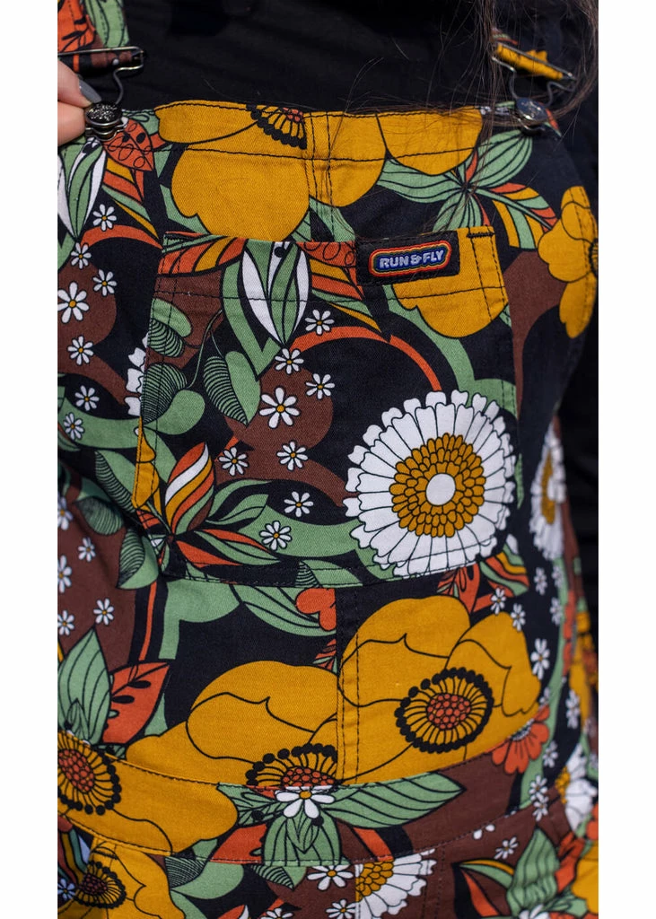 Run & Fly 70's Floral Flares Dungarees Brown 2 Run & Fly 70's Floral Flares Dungarees Brown - Image 2