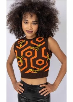 Run & Fly Honeycomb Bee Cropped Knitted 70's Tank Top Black