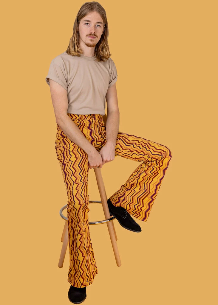Run & Fly Zigzag Flare 70's Trousers Honey Gold 1 Run & Fly Zigzag Flare 70's Trousers Honey Gold