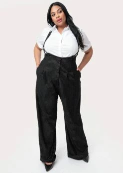 Unique Vintage Thelma Pinstripe 40's Trousers With Suspenders Black White -Banned Retro Shop unique vintage K1034WR0 thelma pin trousers blk wt 0 1024x1024