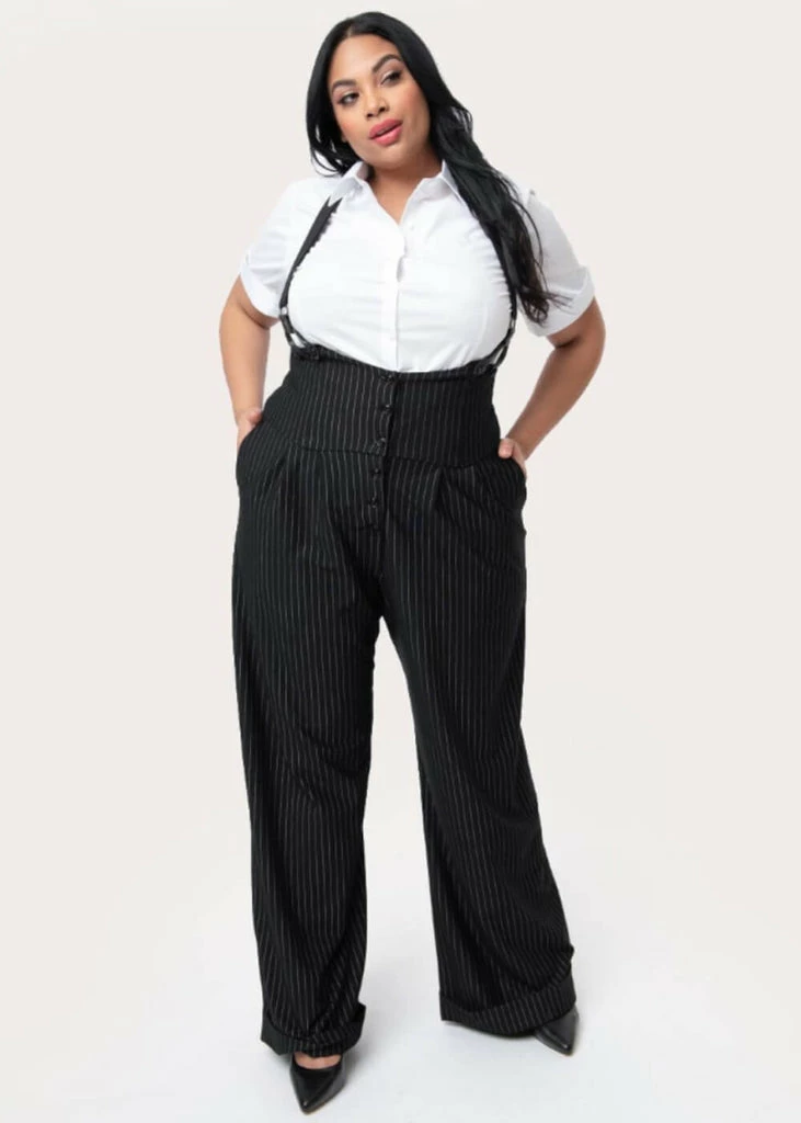 Unique Vintage Thelma Pinstripe 40's Trousers With Suspenders Black White - Image 6