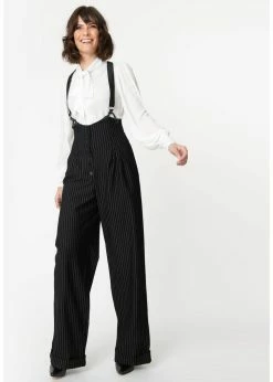 Unique Vintage Thelma Pinstripe 40's Trousers With Suspenders Black White -Banned Retro Shop unique vintage K1034WR0 thelma pin trousers blk wt 4 1024x1024