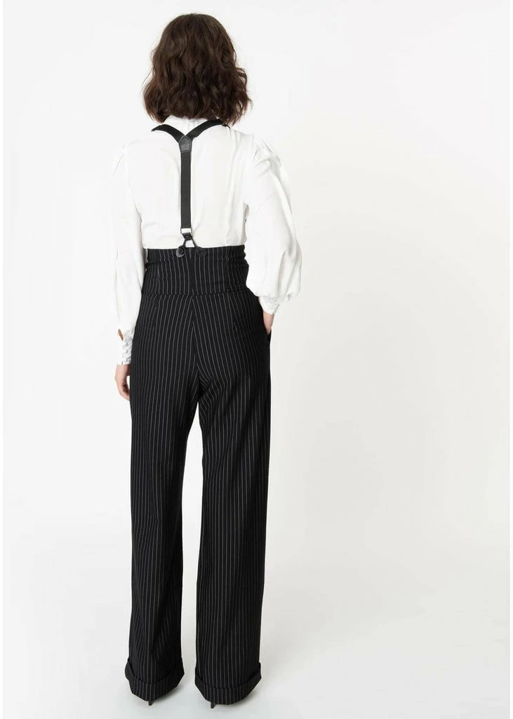 Unique Vintage Thelma Pinstripe 40's Trousers With Suspenders Black White - Image 4