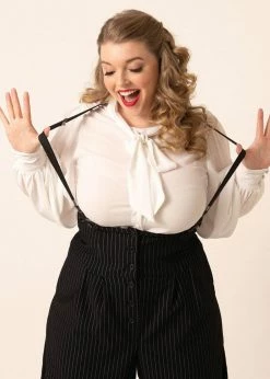 Unique Vintage Thelma Pinstripe 40's Trousers With Suspenders Black White -Banned Retro Shop unique vintage K1034WR0 thelma pin trousers blk wt 9 1024x1024