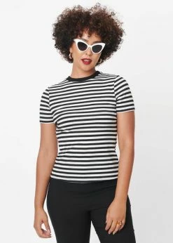 Unique Vintage Back To Basics Striped 60's Top Black White