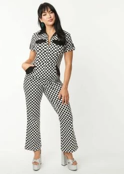 Unique Vintage Checkered Cargo 60's Jumpsuit Black White