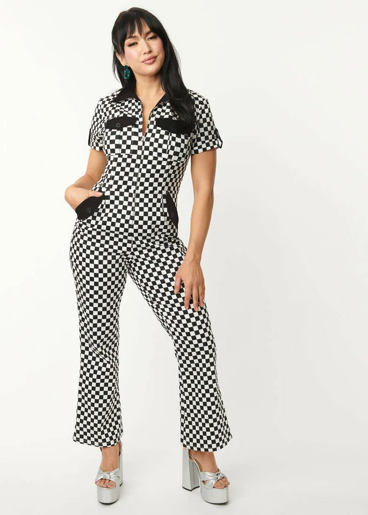 Unique Vintage Checkered Cargo 60's Jumpsuit Black White 1 Unique Vintage Checkered Cargo 60's Jumpsuit Black White