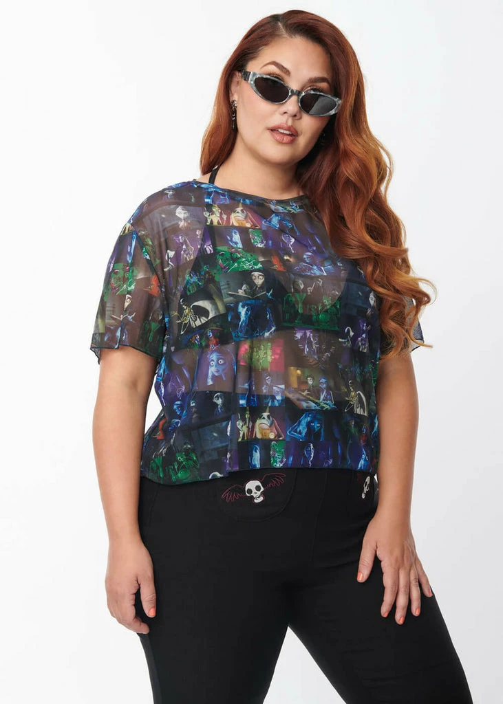 Unique Vintage X Corpse Bride Boxy Cropped Mesh Top Multicolour