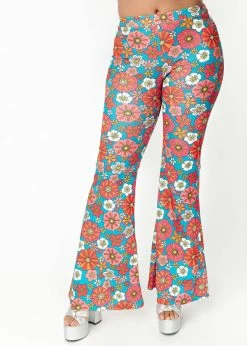 Unique Vintage Smak Parlour Find Your Flare Floral 60's Trousers Teal Pink
